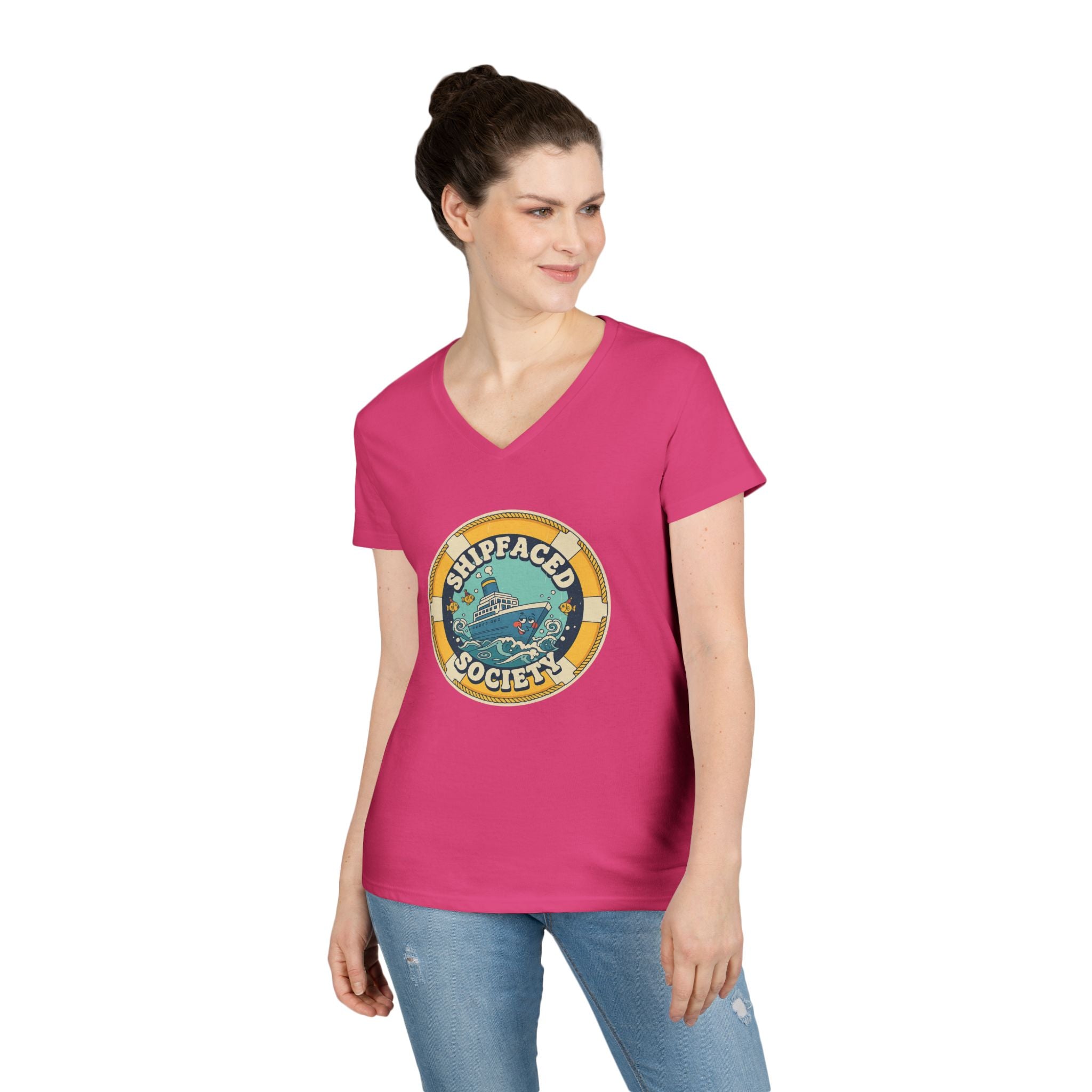 Shipfaced Society V-Neck Tee — Nautical Wine & Cruise Humor Shirt