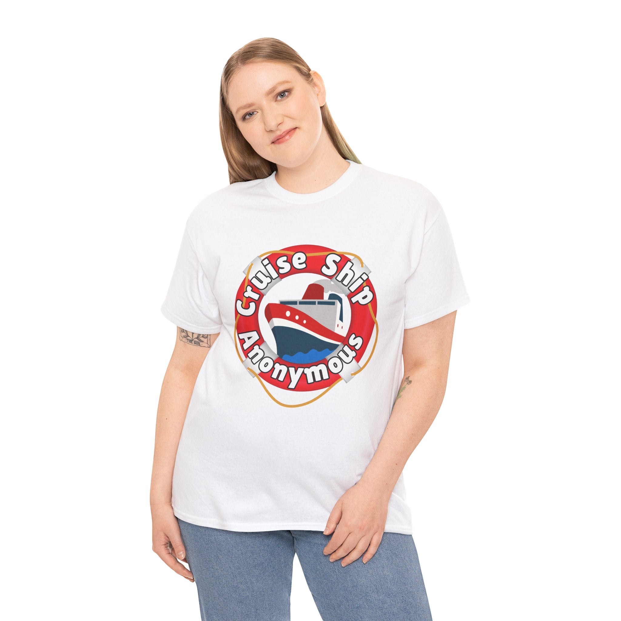 Cruise Ship Anonymous Tee - Fun Unisex Heavy Cotton T-Shirt, Perfect for Travel Lovers, Nautical Adventures, Summer Vacations