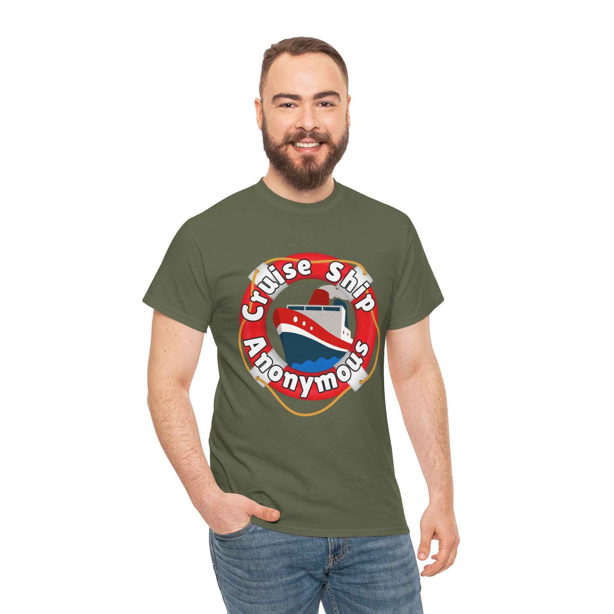 Cruise Ship Anonymous Tee - Fun Unisex Heavy Cotton T-Shirt, Perfect for Travel Lovers, Nautical Adventures, Summer Vacations