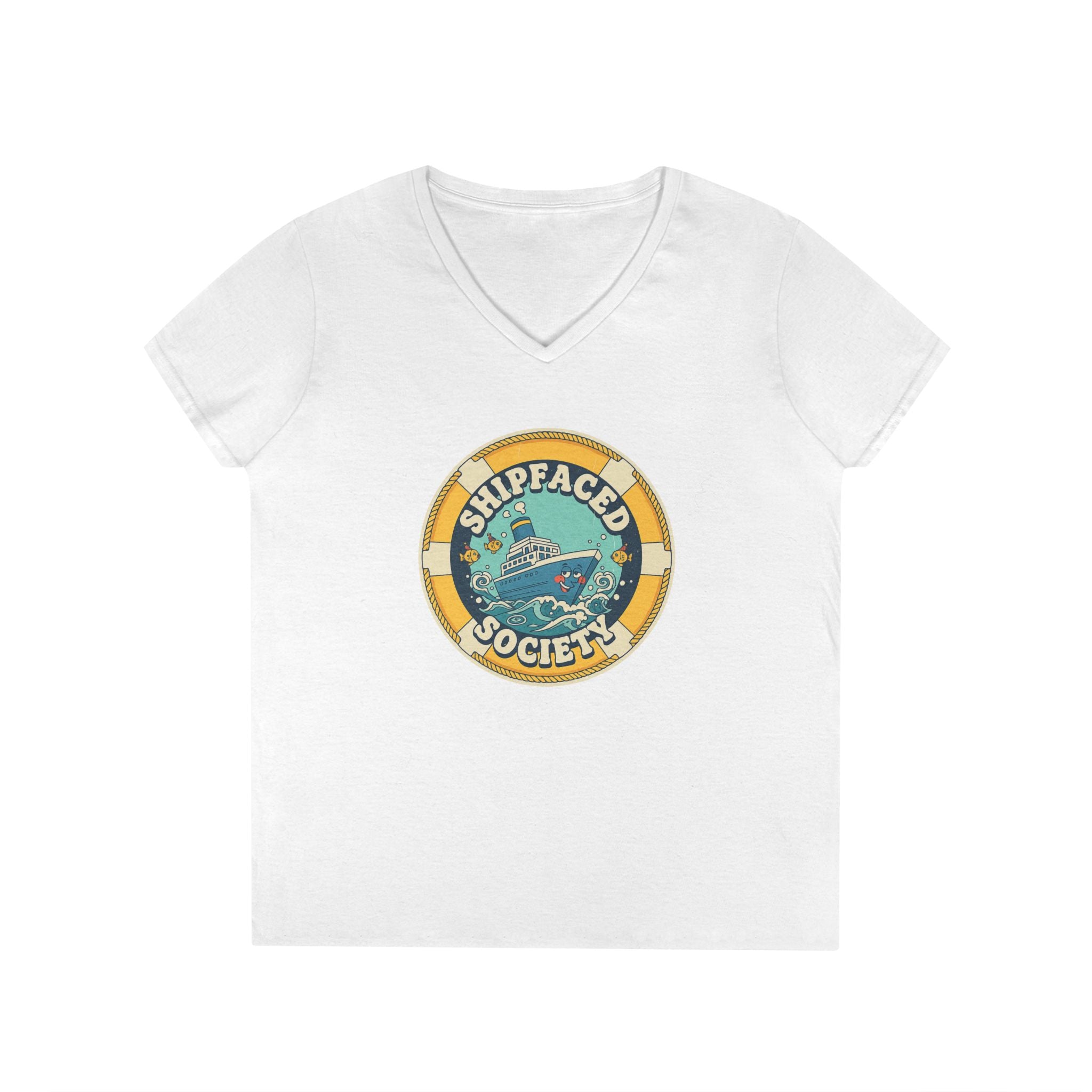 Shipfaced Society V-Neck Tee — Nautical Wine & Cruise Humor Shirt