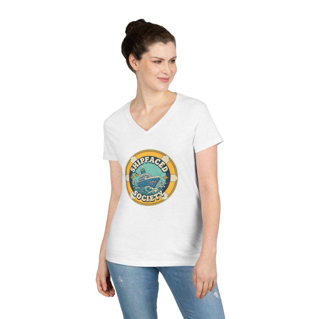 Shipfaced Society V-Neck Tee — Nautical Wine & Cruise Humor Shirt