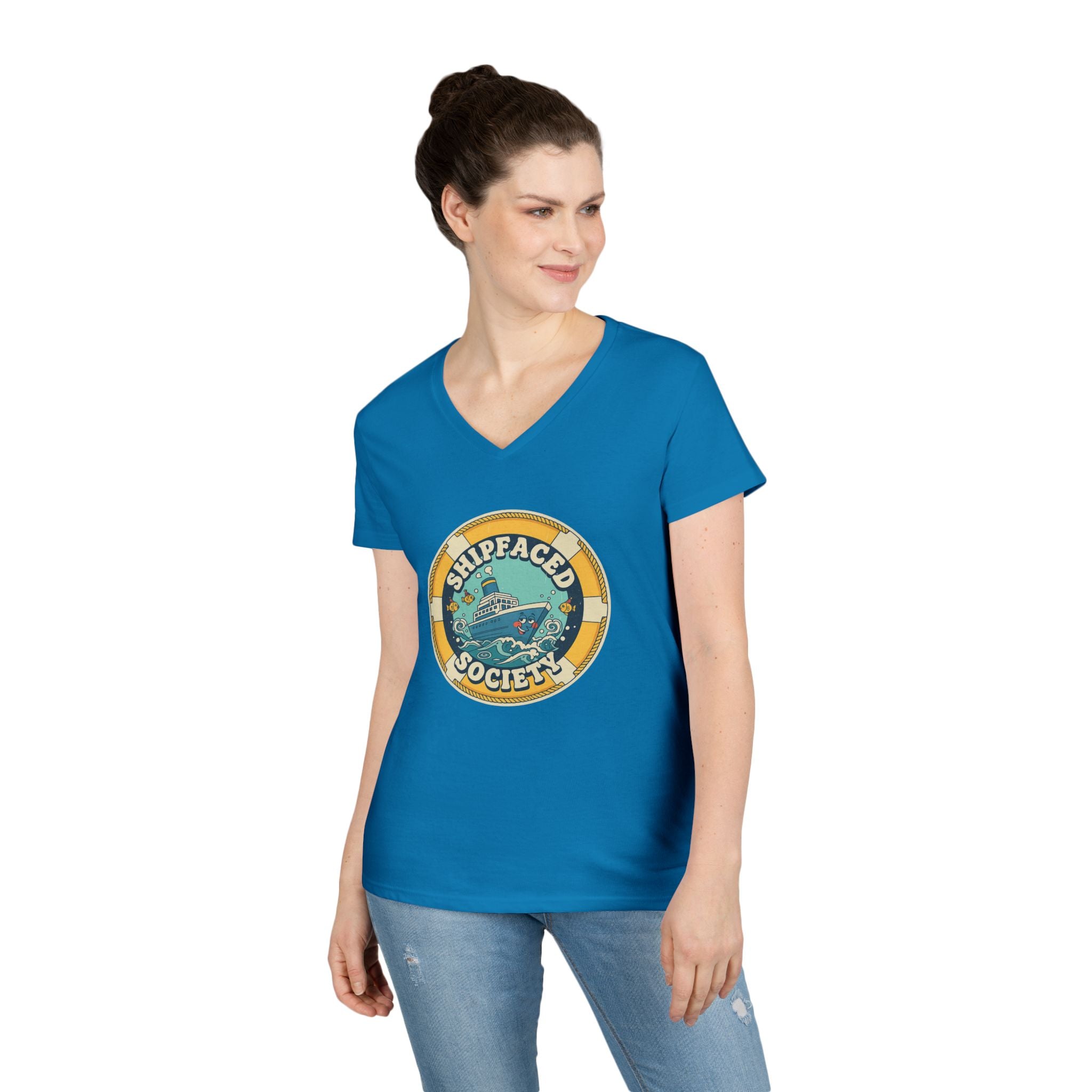 Shipfaced Society V-Neck Tee — Nautical Wine & Cruise Humor Shirt