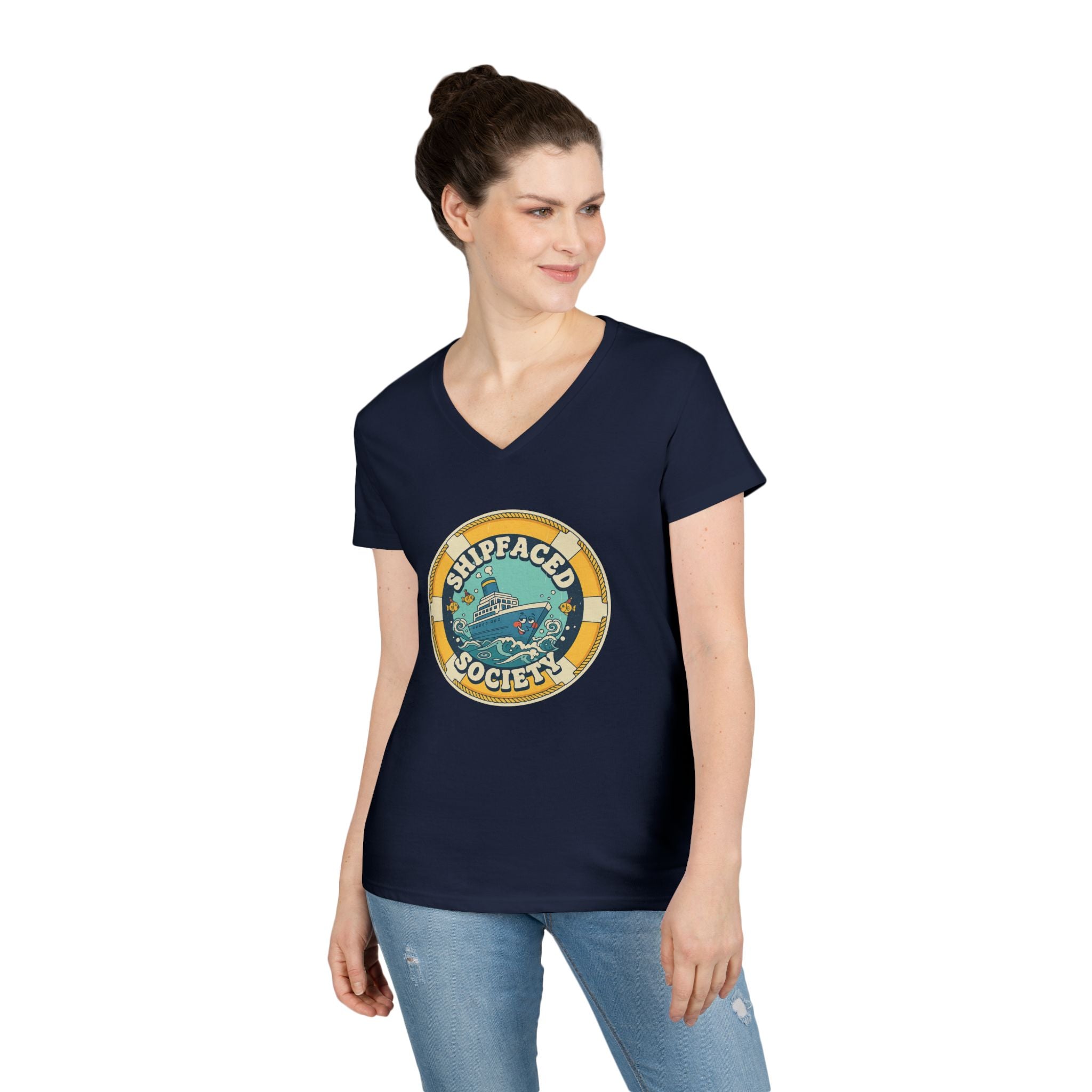Shipfaced Society V-Neck Tee — Nautical Wine & Cruise Humor Shirt