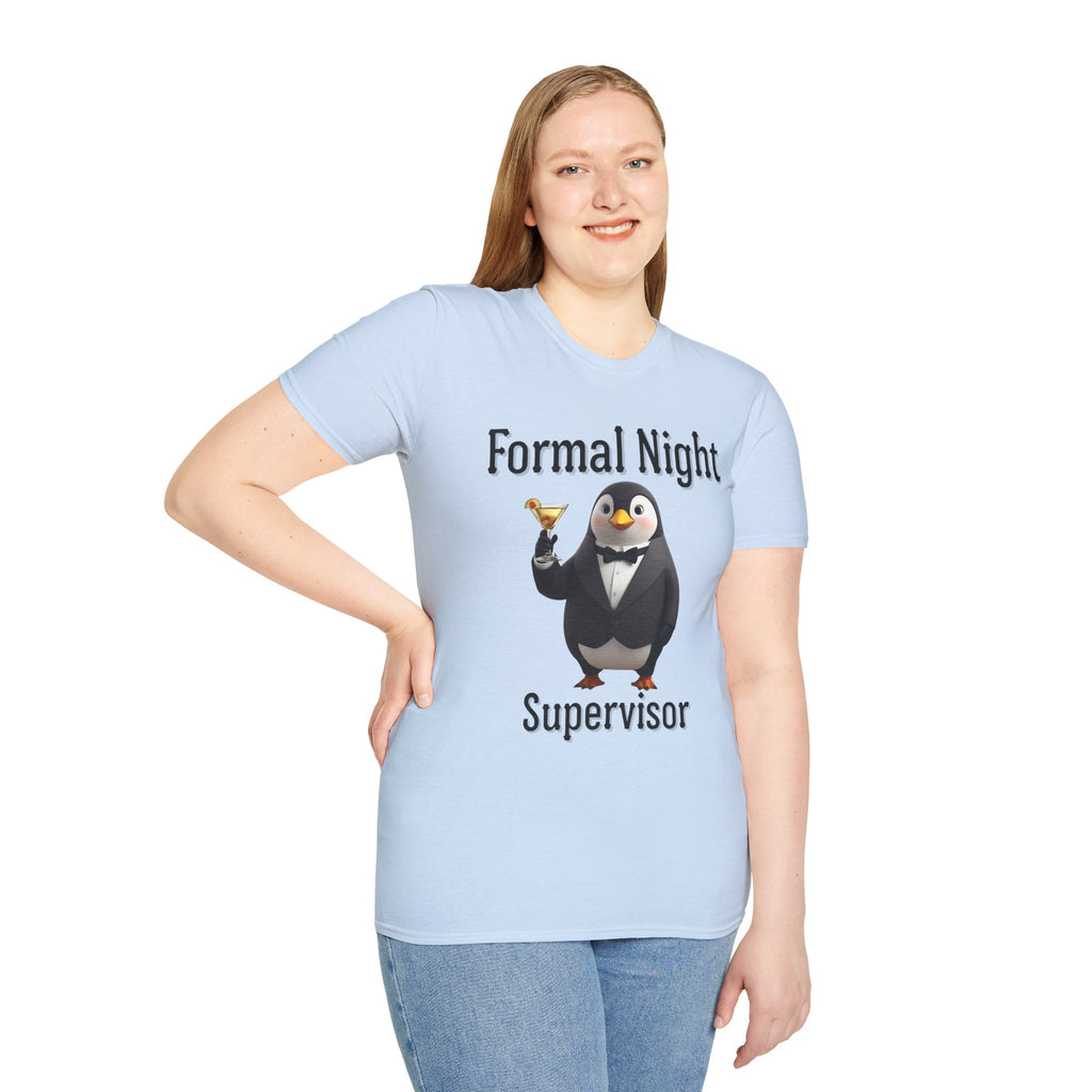 Penguin Formal Night Supervisor T-Shirt, Funny Party Tee, Gift for Hosts, Unisex Apparel, Casual Wear, Event Shirt, Animal Lover Gift