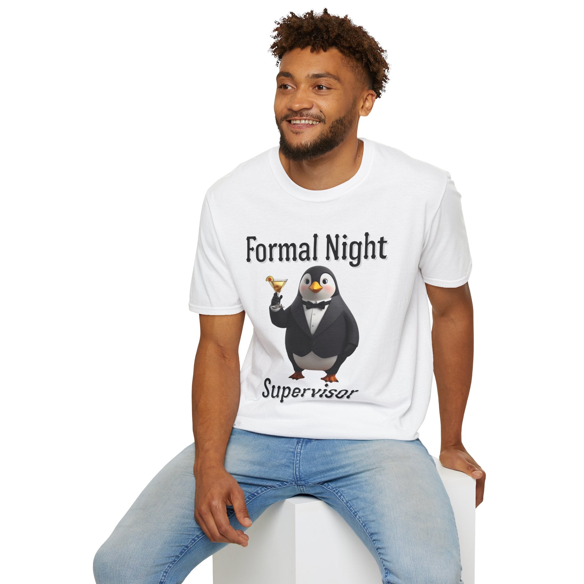 Penguin Formal Night Supervisor T-Shirt, Funny Party Tee, Gift for Hosts, Unisex Apparel, Casual Wear, Event Shirt, Animal Lover Gift