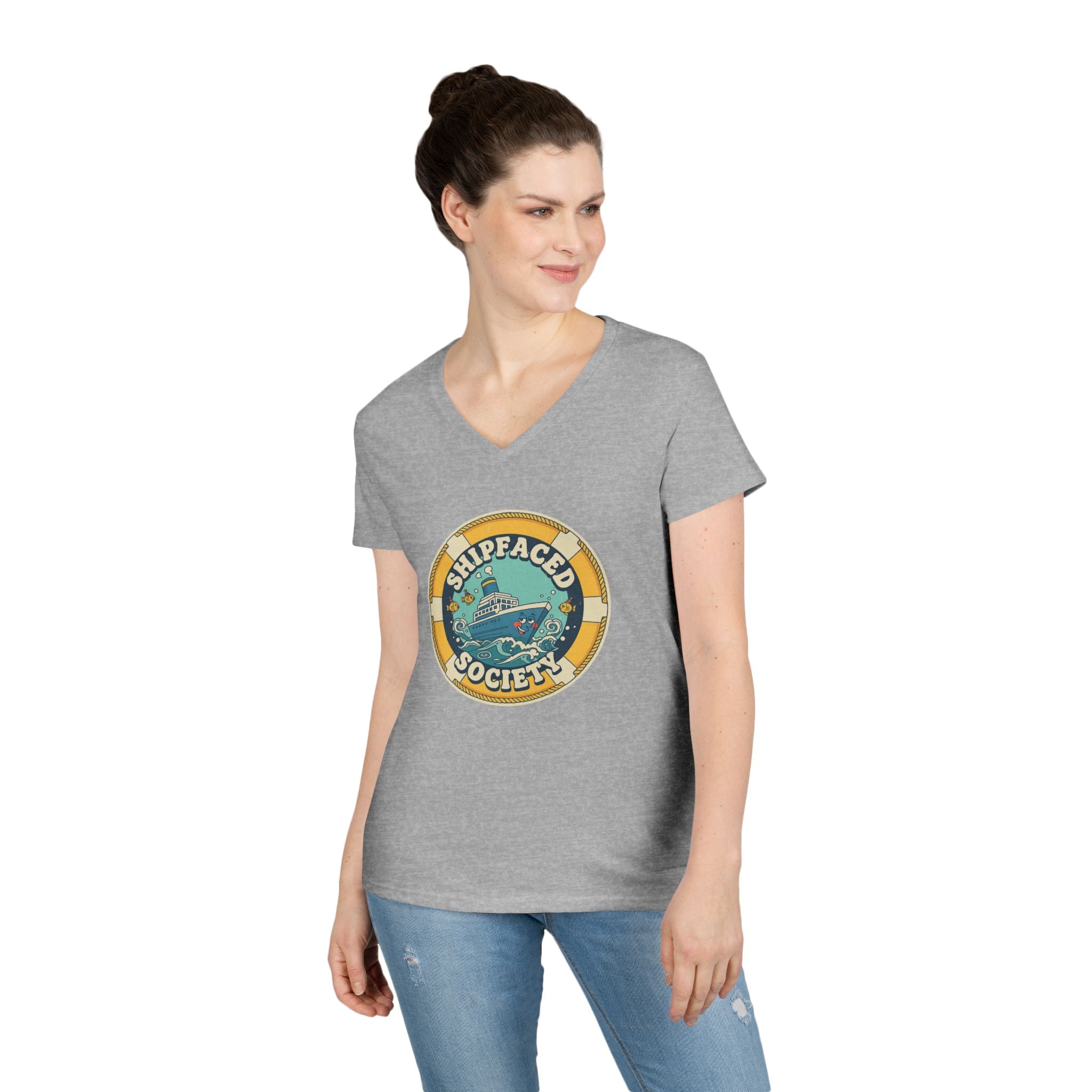 Shipfaced Society V-Neck Tee — Nautical Wine & Cruise Humor Shirt