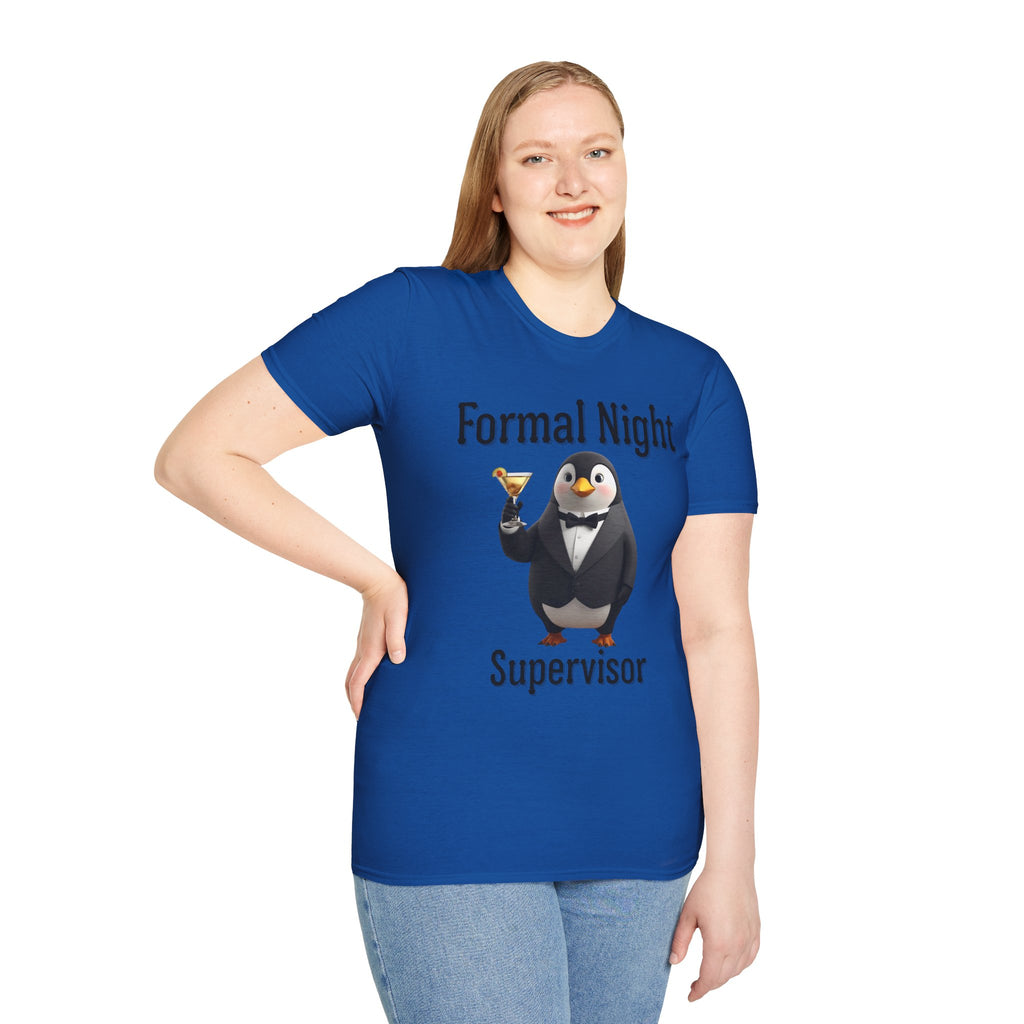 Penguin Formal Night Supervisor T-Shirt, Funny Party Tee, Gift for Hosts, Unisex Apparel, Casual Wear, Event Shirt, Animal Lover Gift