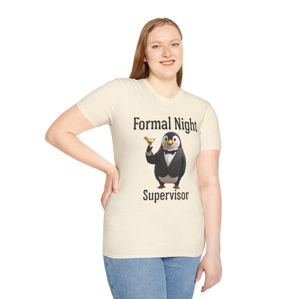 Penguin Formal Night Supervisor T-Shirt, Funny Party Tee, Gift for Hosts, Unisex Apparel, Casual Wear, Event Shirt, Animal Lover Gift