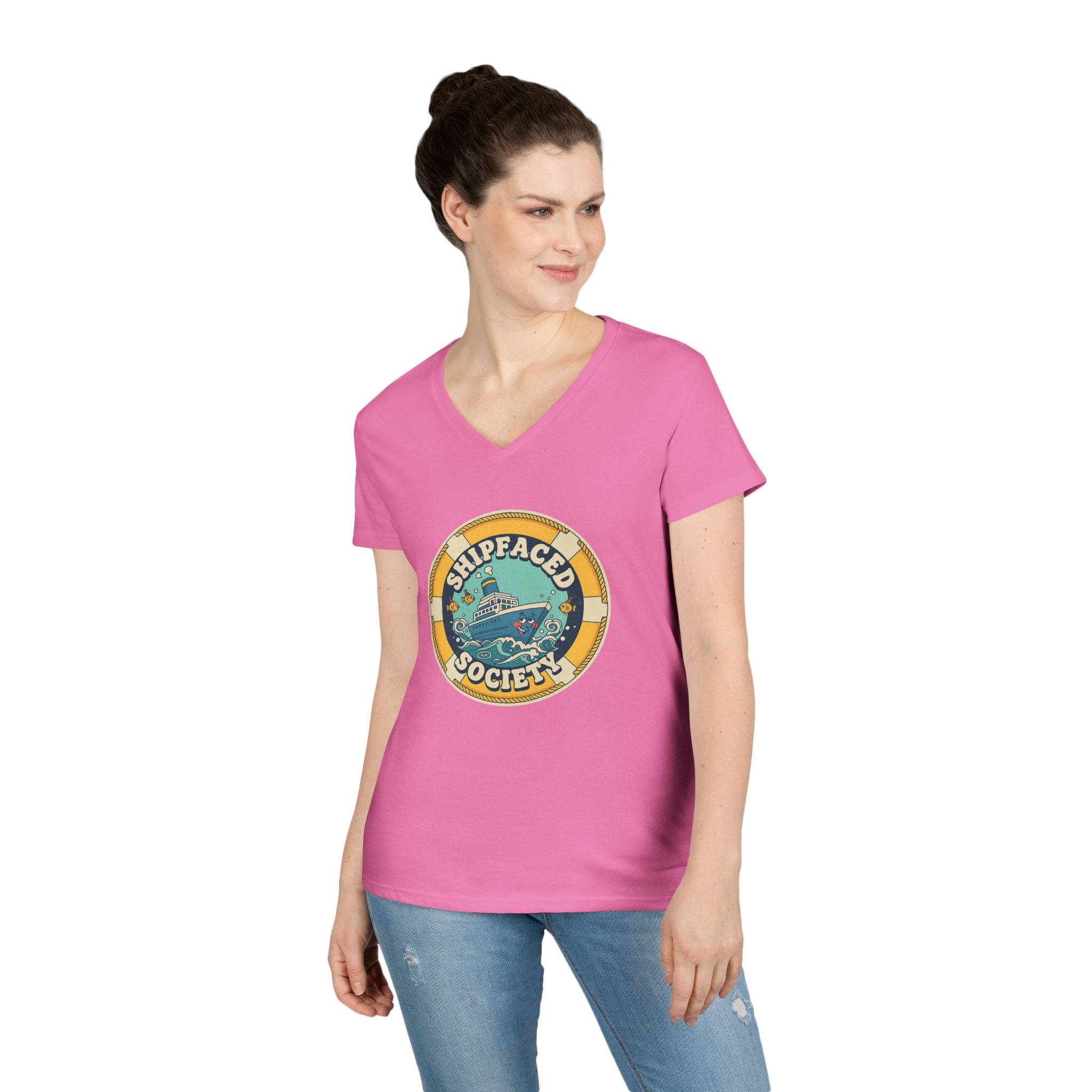 Shipfaced Society V-Neck Tee — Nautical Wine & Cruise Humor Shirt