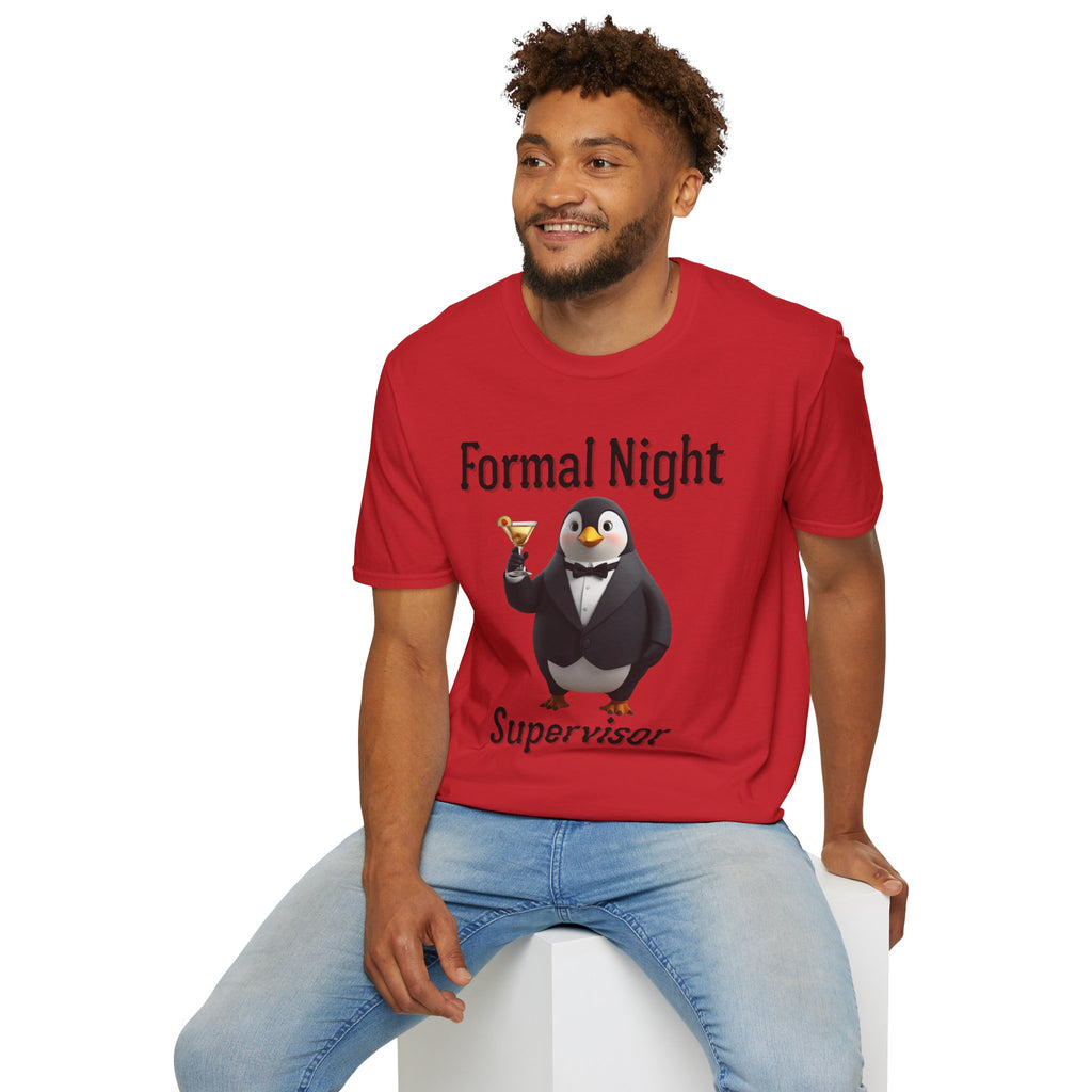Penguin Formal Night Supervisor T-Shirt, Funny Party Tee, Gift for Hosts, Unisex Apparel, Casual Wear, Event Shirt, Animal Lover Gift