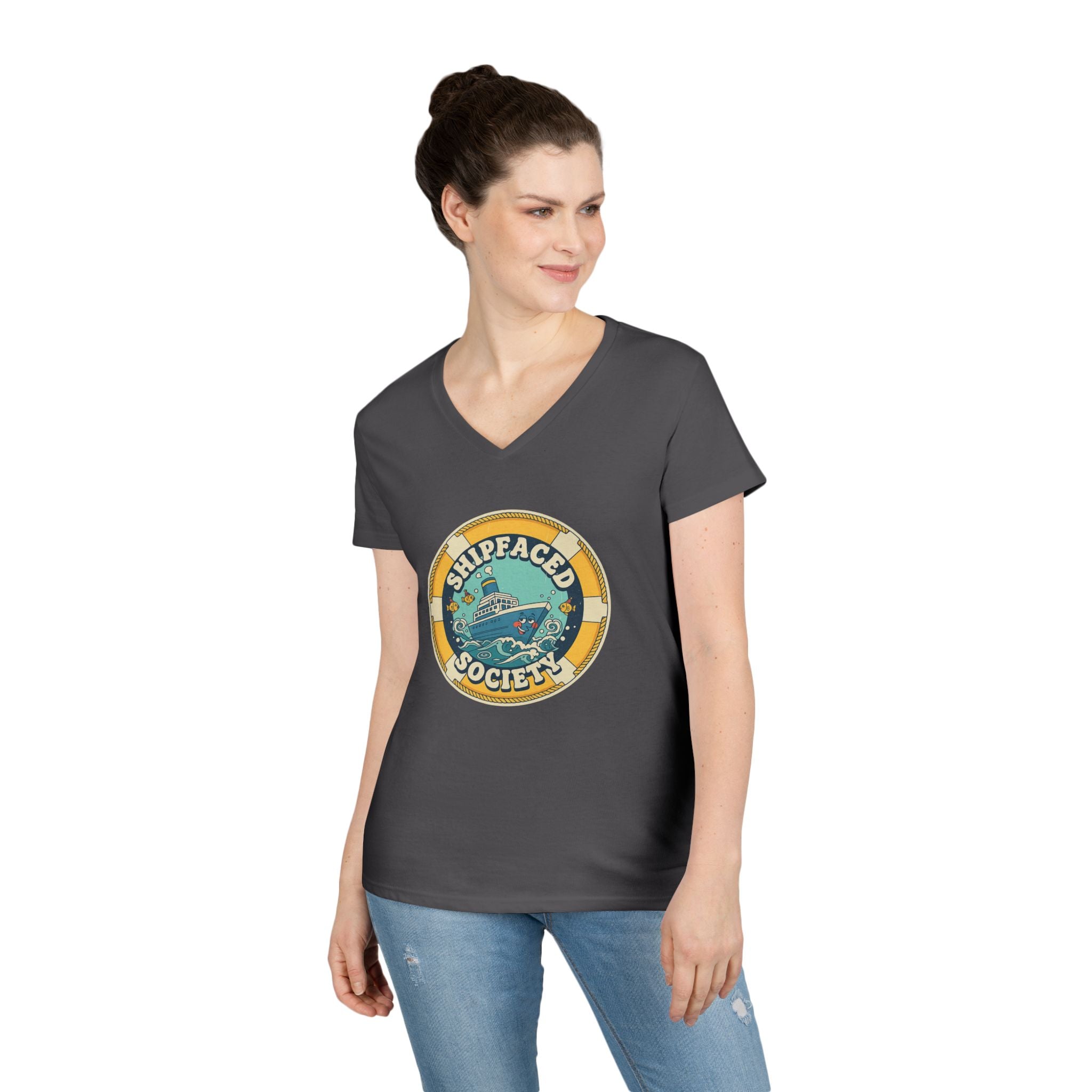 Shipfaced Society V-Neck Tee — Nautical Wine & Cruise Humor Shirt