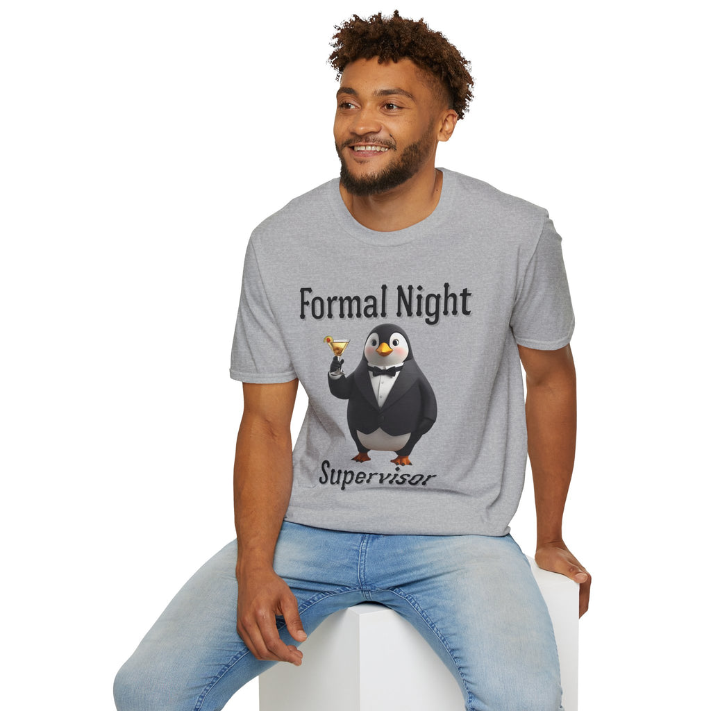 Penguin Formal Night Supervisor T-Shirt, Funny Party Tee, Gift for Hosts, Unisex Apparel, Casual Wear, Event Shirt, Animal Lover Gift