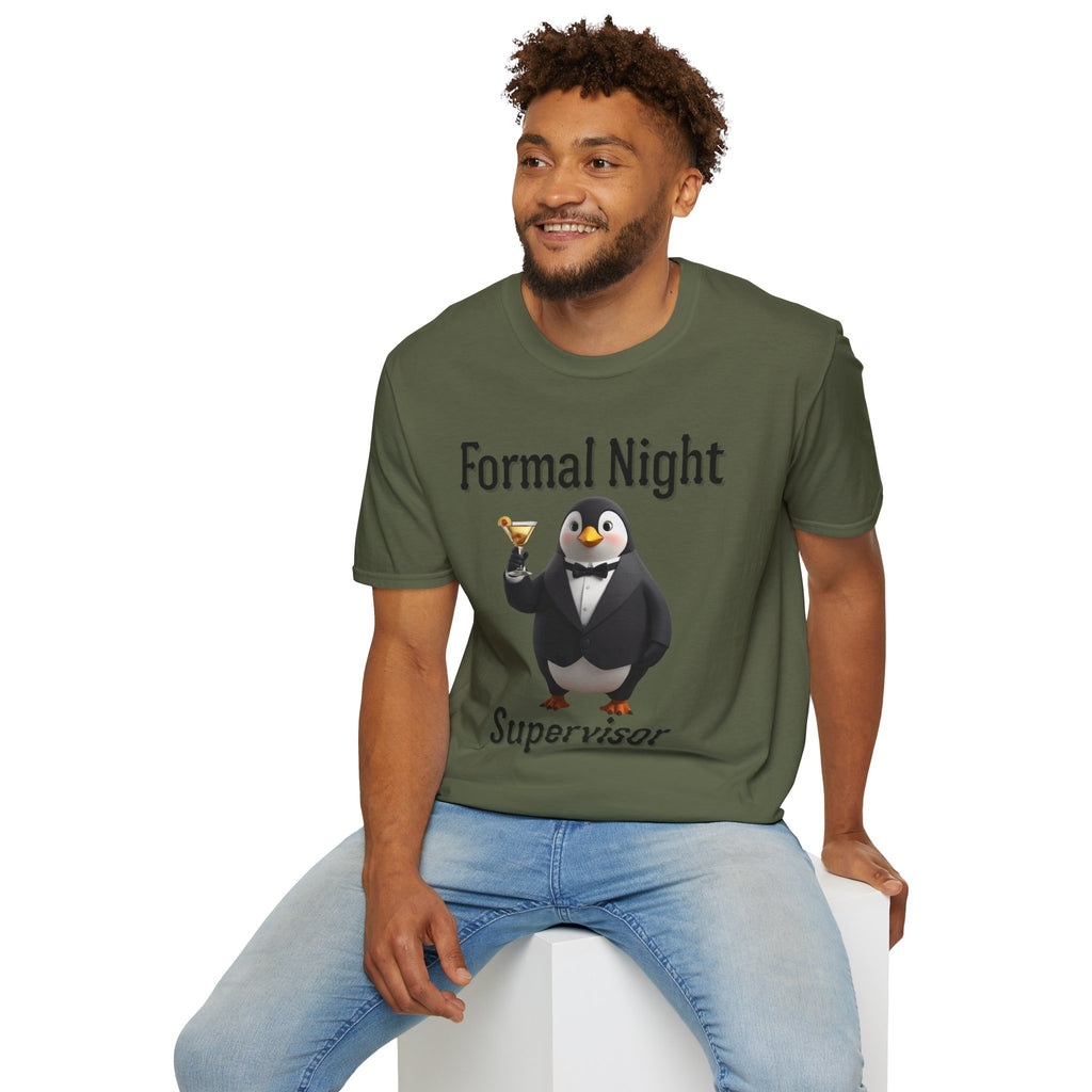 Penguin Formal Night Supervisor T-Shirt, Funny Party Tee, Gift for Hosts, Unisex Apparel, Casual Wear, Event Shirt, Animal Lover Gift