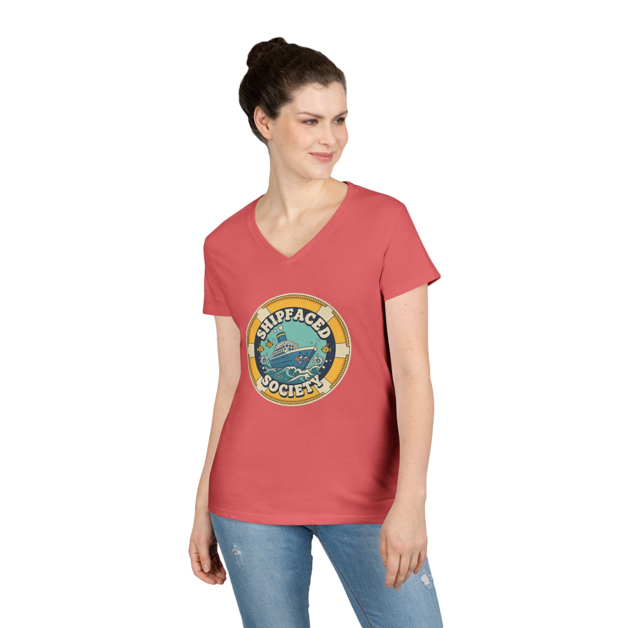 Shipfaced Society V-Neck Tee — Nautical Wine & Cruise Humor Shirt