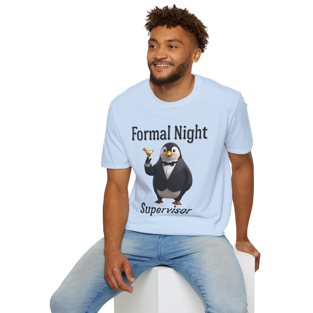 Penguin Formal Night Supervisor T-Shirt, Funny Party Tee, Gift for Hosts, Unisex Apparel, Casual Wear, Event Shirt, Animal Lover Gift