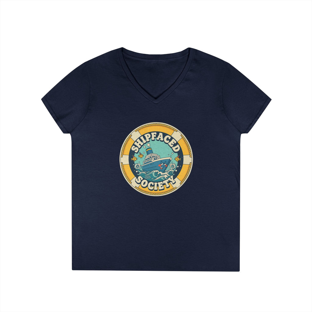 Shipfaced Society V-Neck Tee — Nautical Wine & Cruise Humor Shirt