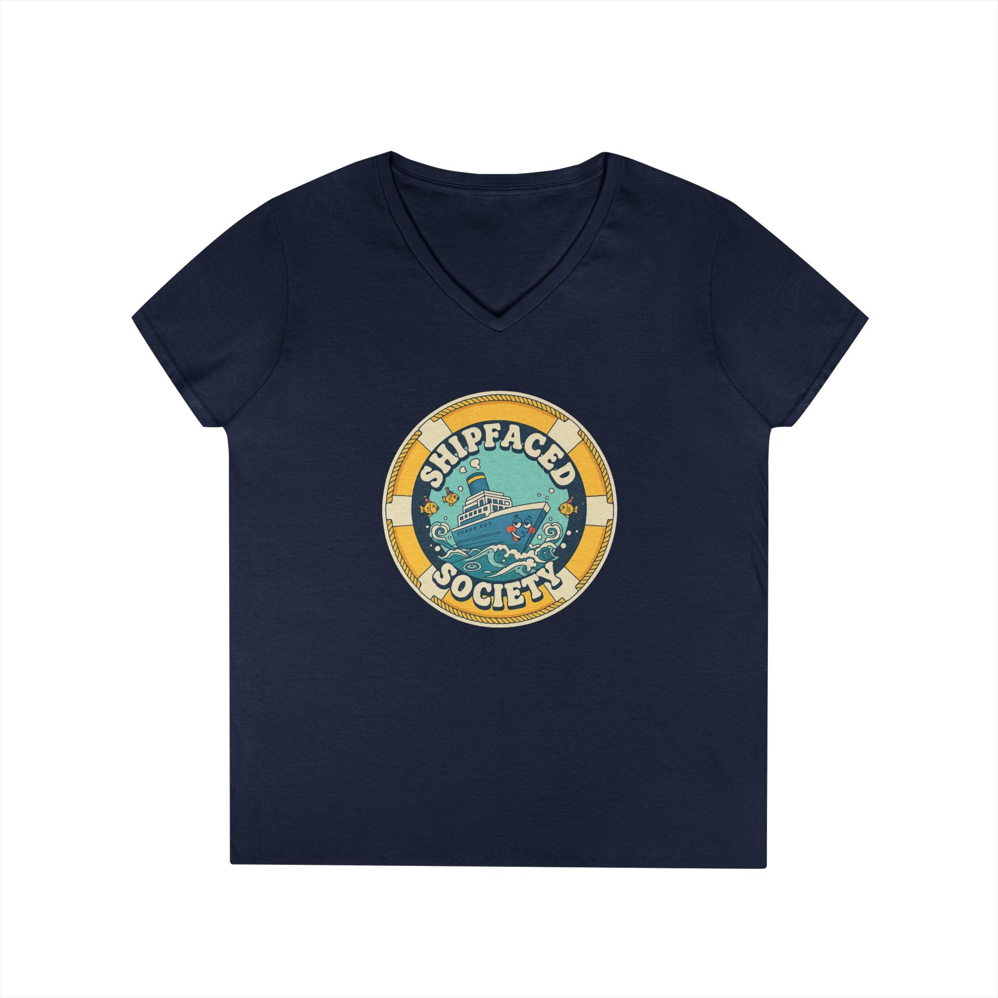 Shipfaced Society V-Neck Tee — Nautical Wine & Cruise Humor Shirt
