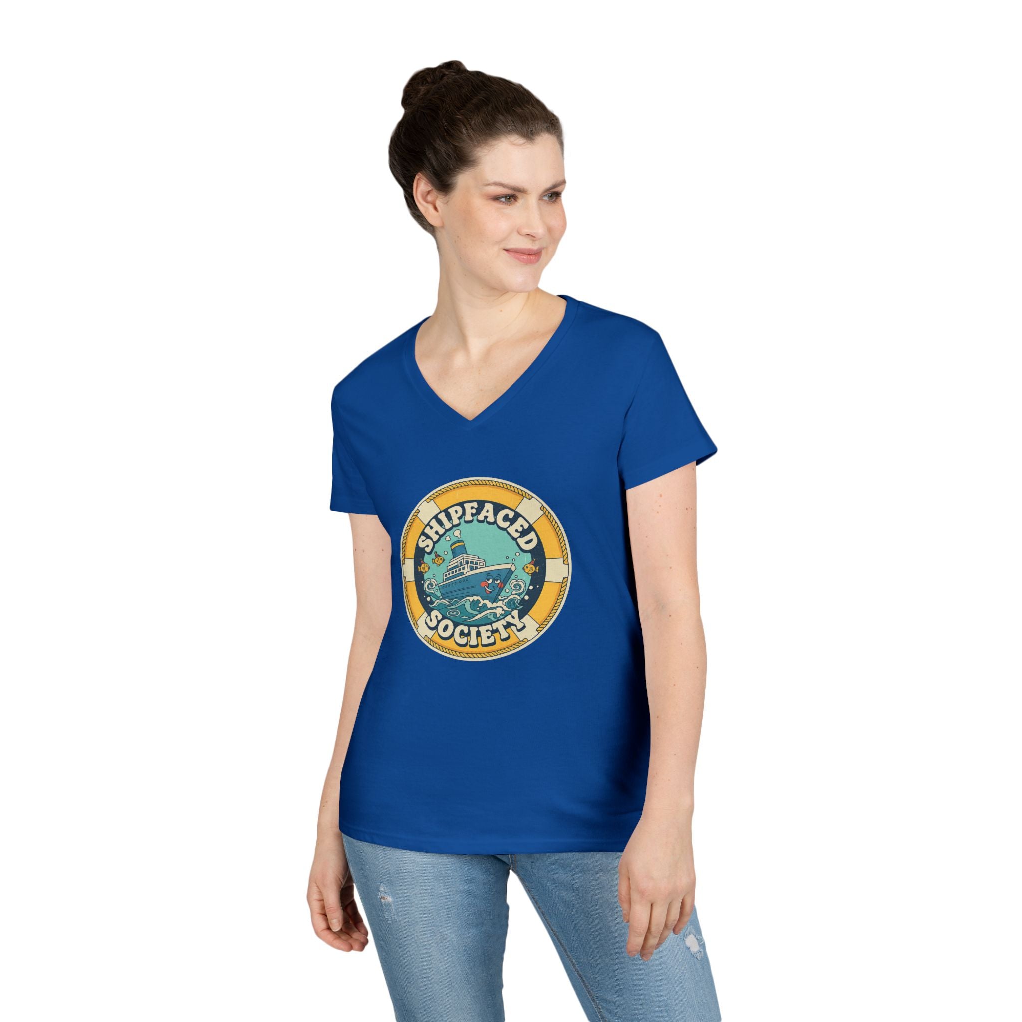 Shipfaced Society V-Neck Tee — Nautical Wine & Cruise Humor Shirt
