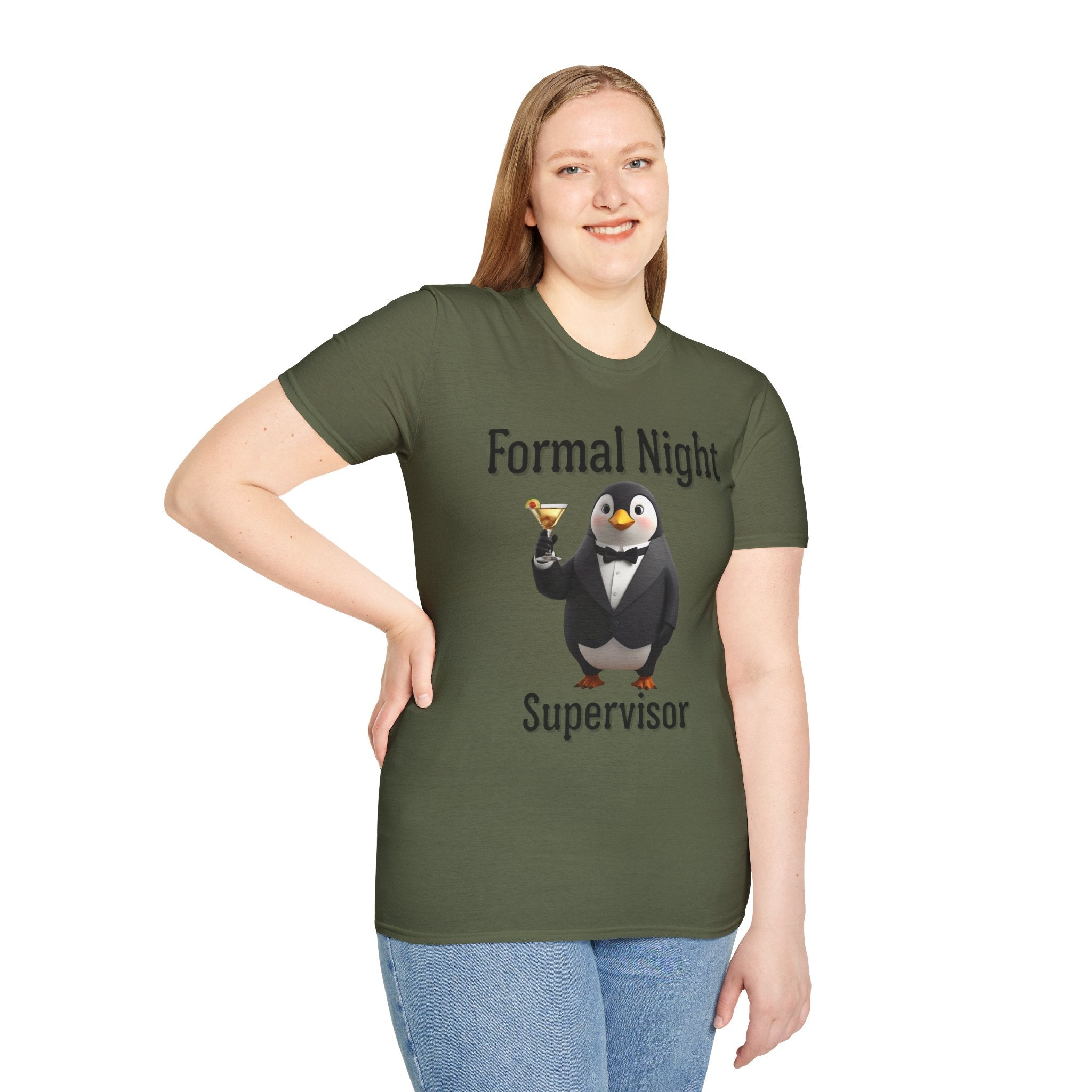 Penguin Formal Night Supervisor T-Shirt, Funny Party Tee, Gift for Hosts, Unisex Apparel, Casual Wear, Event Shirt, Animal Lover Gift