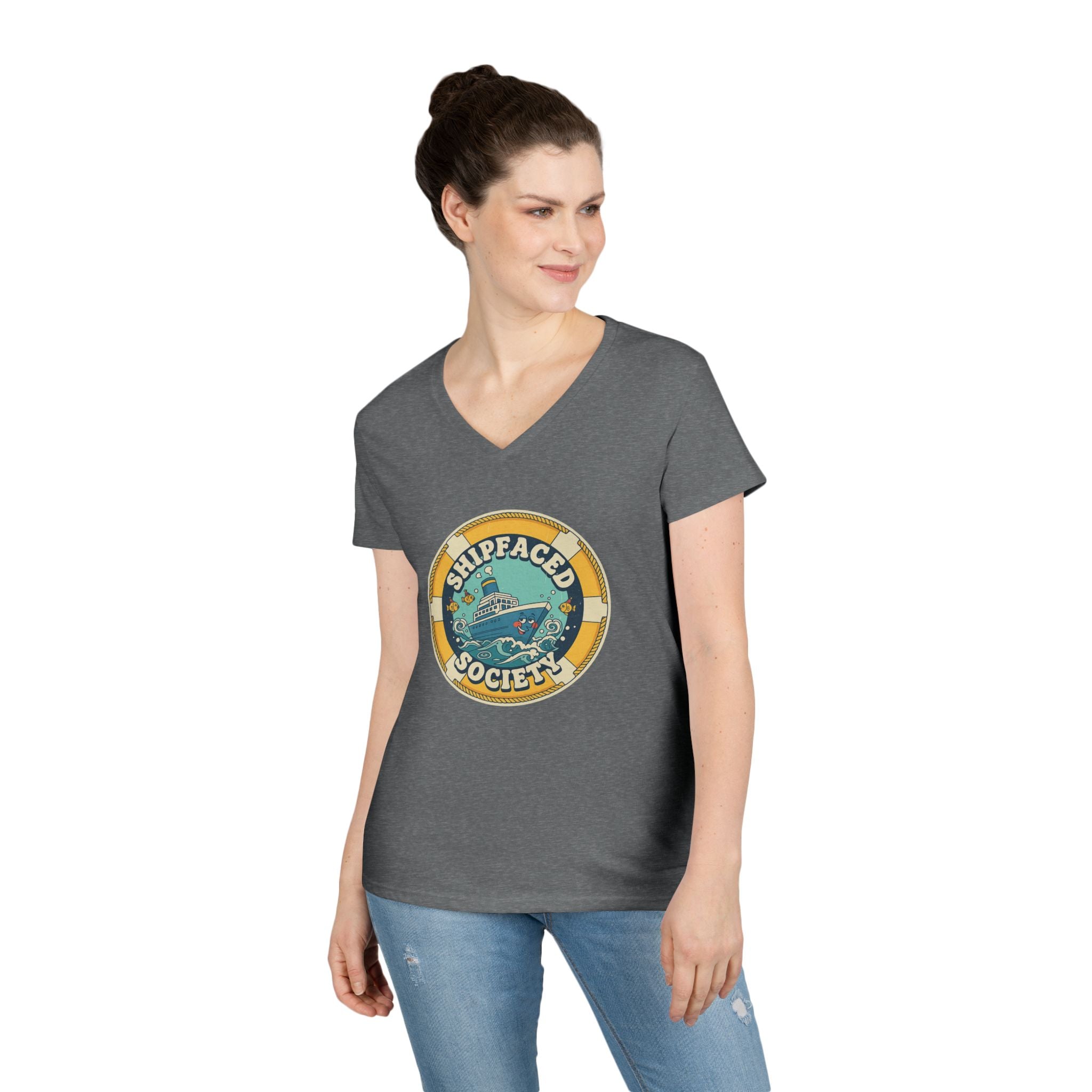 Shipfaced Society V-Neck Tee — Nautical Wine & Cruise Humor Shirt