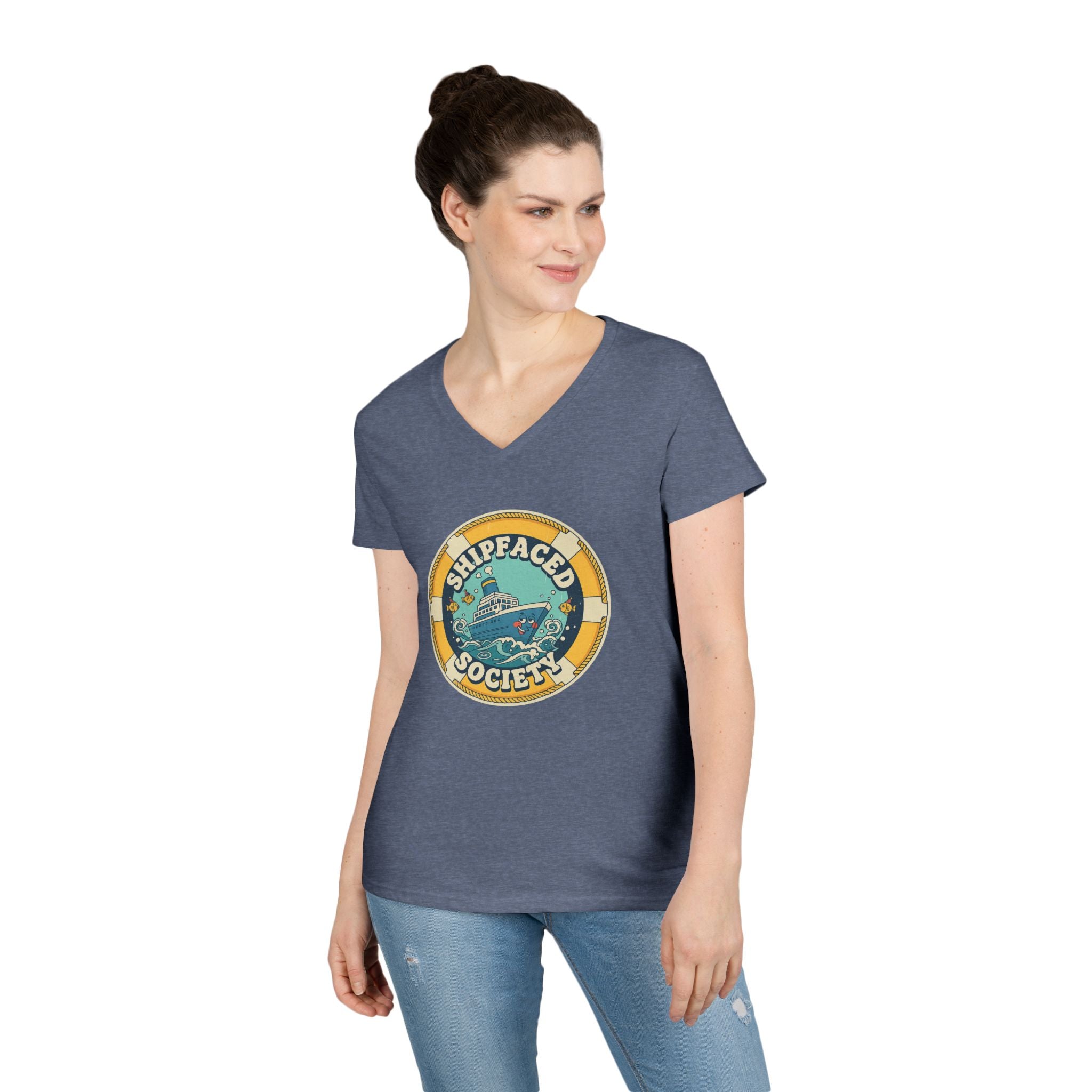 Shipfaced Society V-Neck Tee — Nautical Wine & Cruise Humor Shirt
