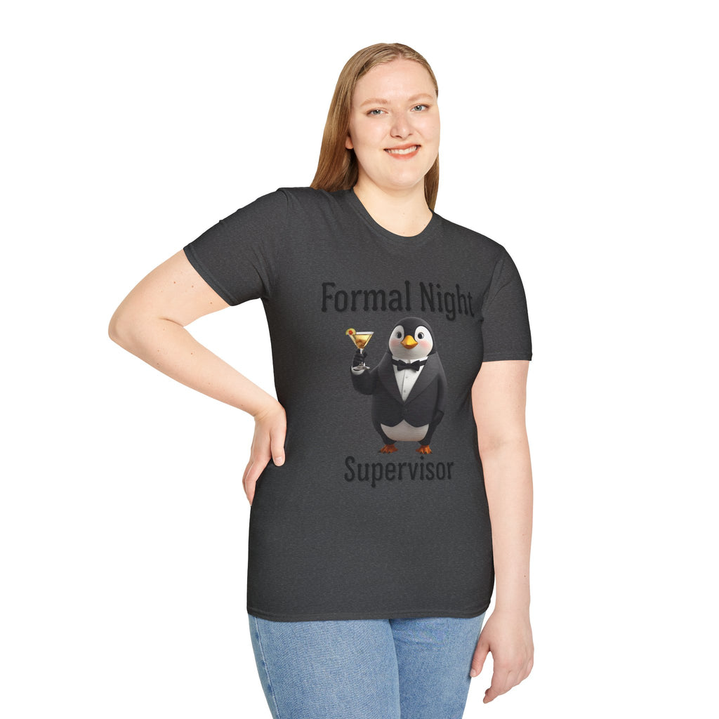 Penguin Formal Night Supervisor T-Shirt, Funny Party Tee, Gift for Hosts, Unisex Apparel, Casual Wear, Event Shirt, Animal Lover Gift