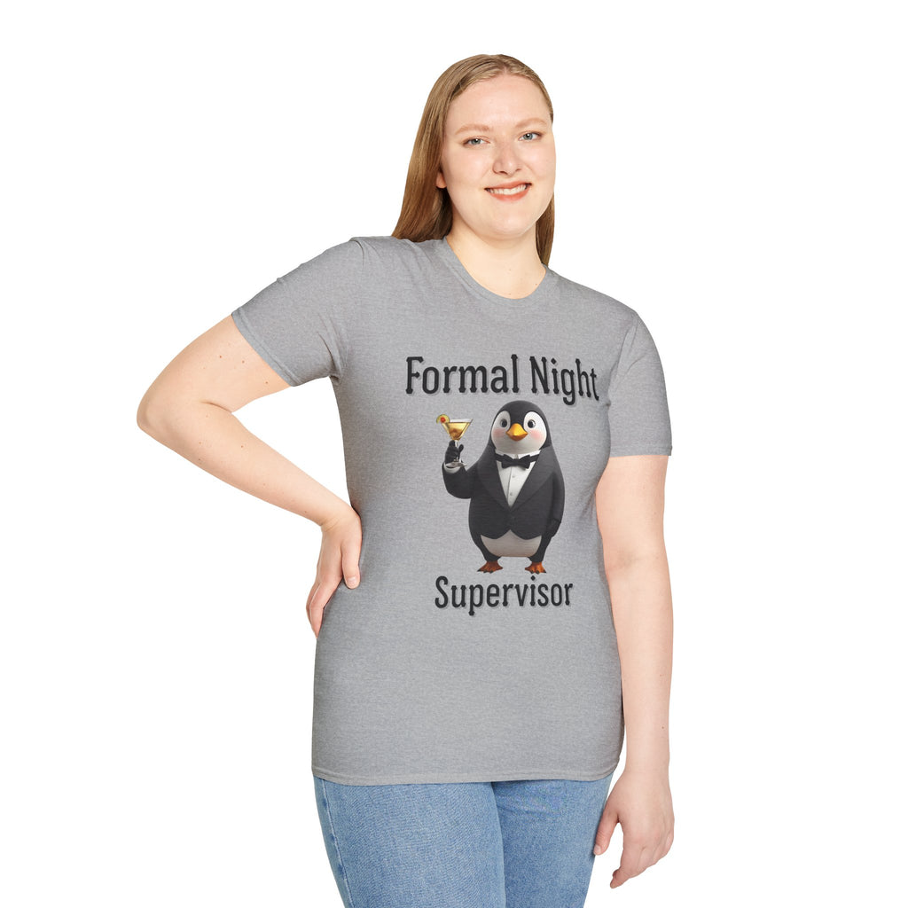 Penguin Formal Night Supervisor T-Shirt, Funny Party Tee, Gift for Hosts, Unisex Apparel, Casual Wear, Event Shirt, Animal Lover Gift