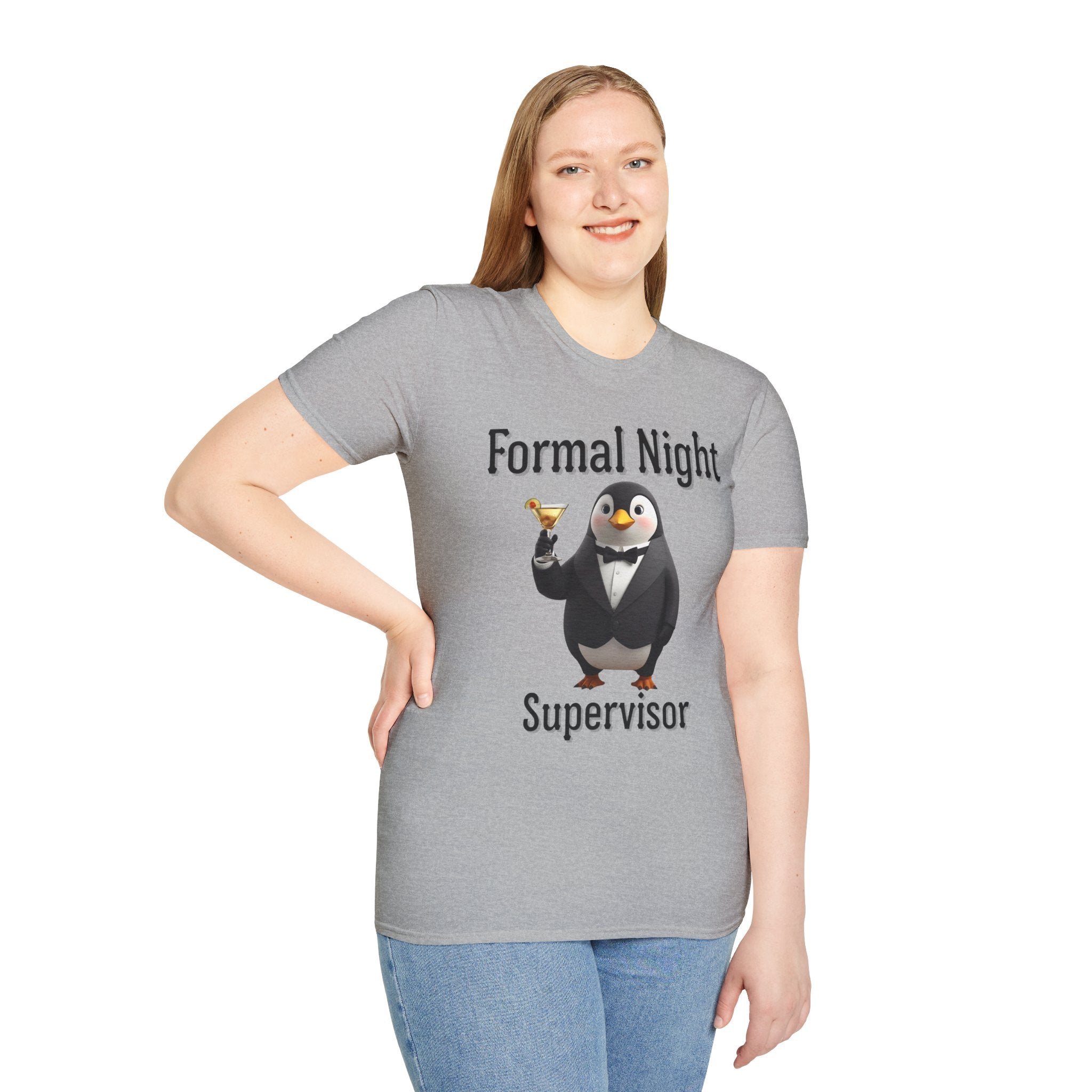 Penguin Formal Night Supervisor T-Shirt, Funny Party Tee, Gift for Hosts, Unisex Apparel, Casual Wear, Event Shirt, Animal Lover Gift