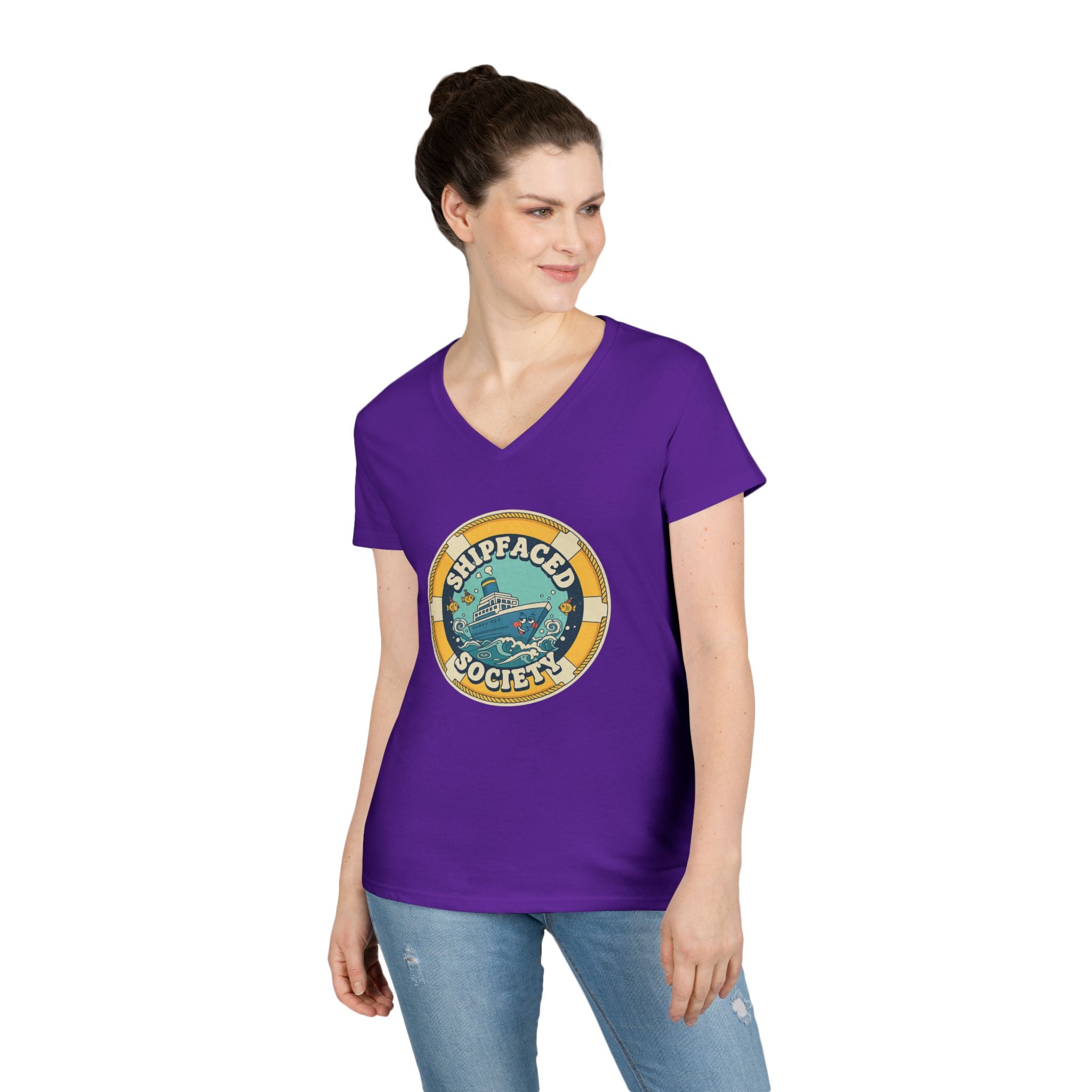 Shipfaced Society V-Neck Tee — Nautical Wine & Cruise Humor Shirt