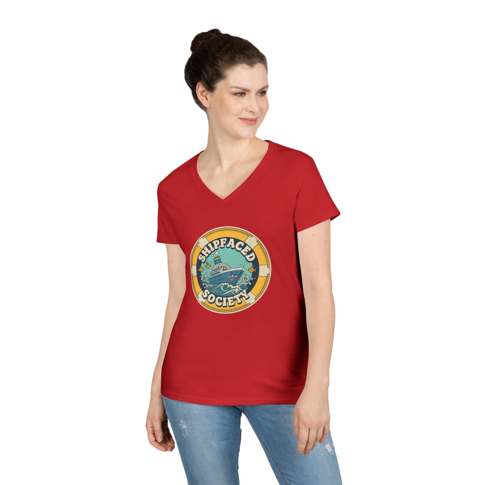 Shipfaced Society V-Neck Tee — Nautical Wine & Cruise Humor Shirt
